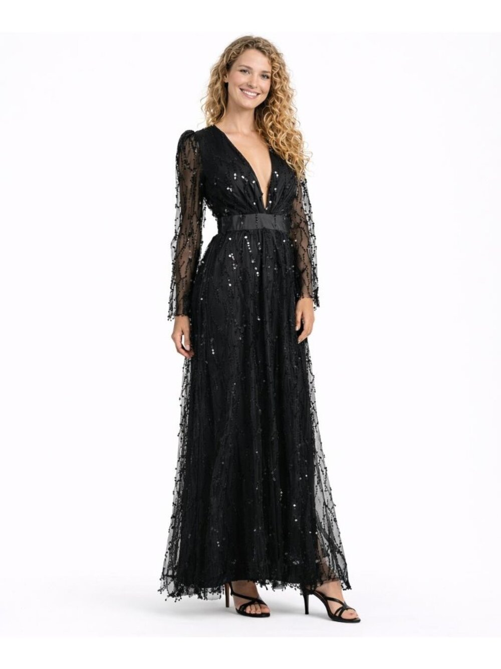 New MISS ORD Deep V Chiffon Medium Sequin Maxi Prom Gown